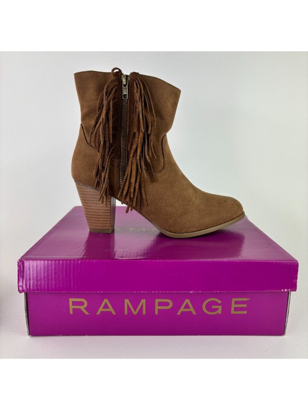 Rampage Frankey Cognac Suede Fringe Ankle Boots Block Heel Women's Size 8.5
